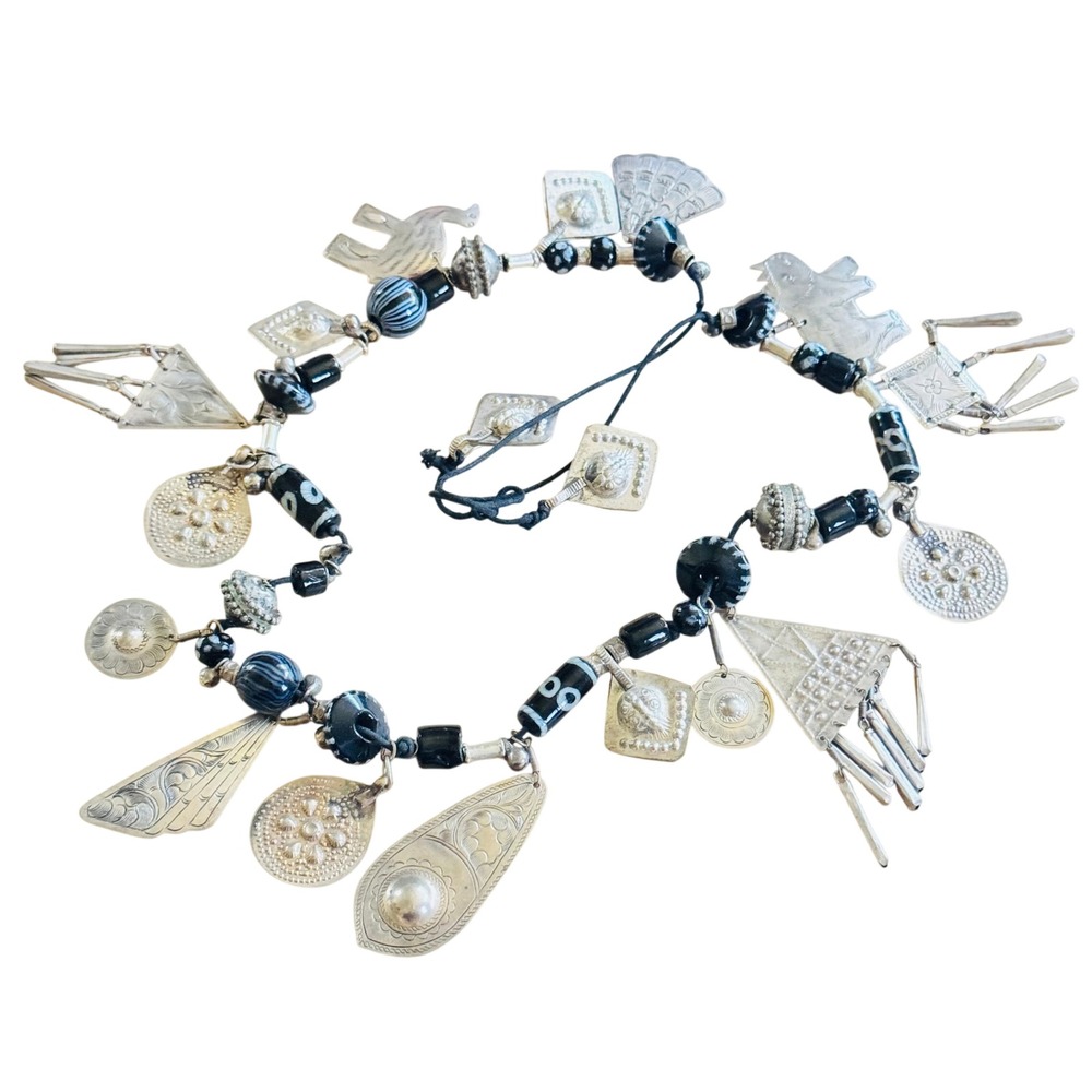 VTG Tribal Telsum Amulet Charm Necklace Glass Beaded BoHo Long Black Silver 32"